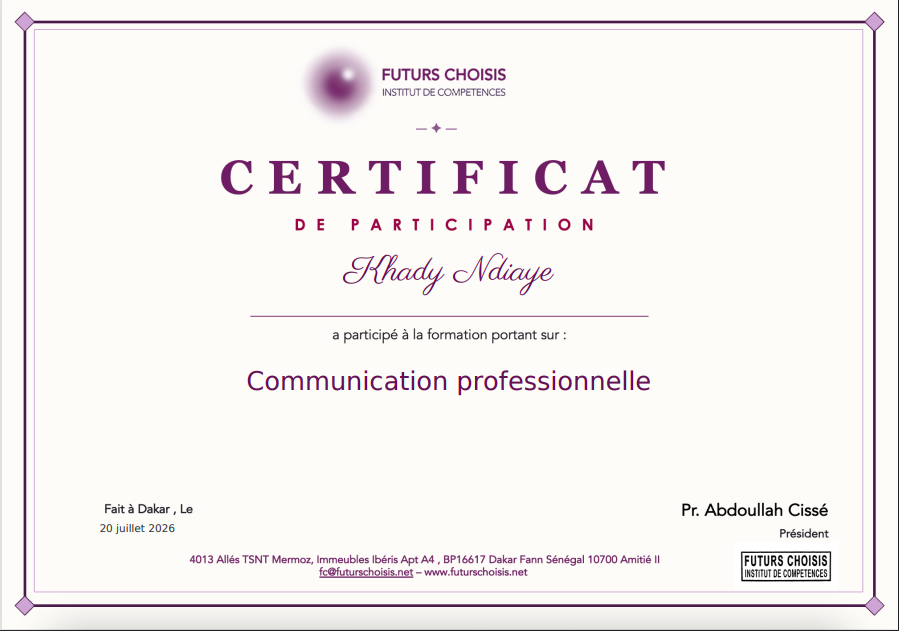 Certificat de participation FutursChoisis personnalisé