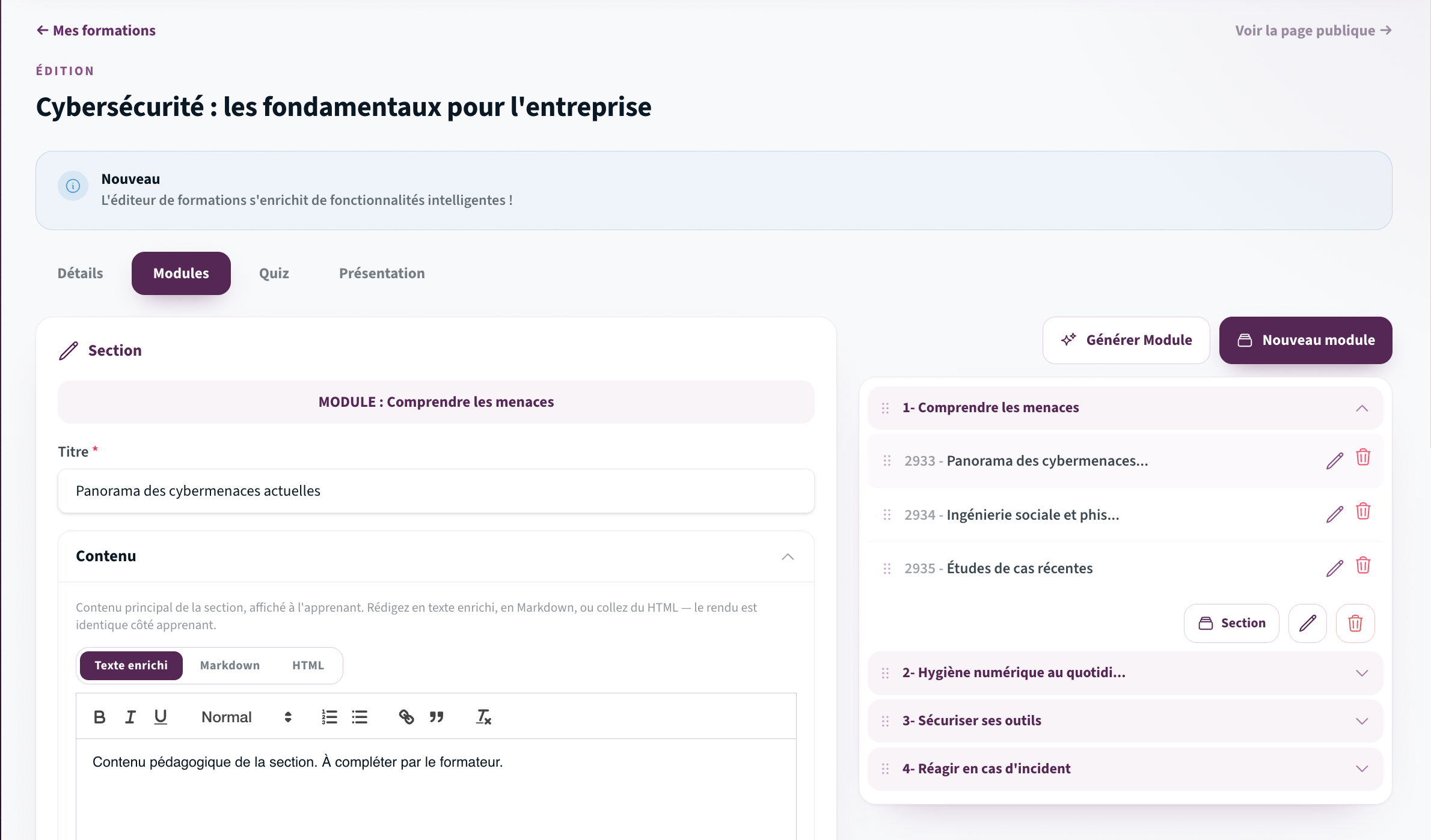 Éditeur de cours FutursChoisis : modules, sections et contenu